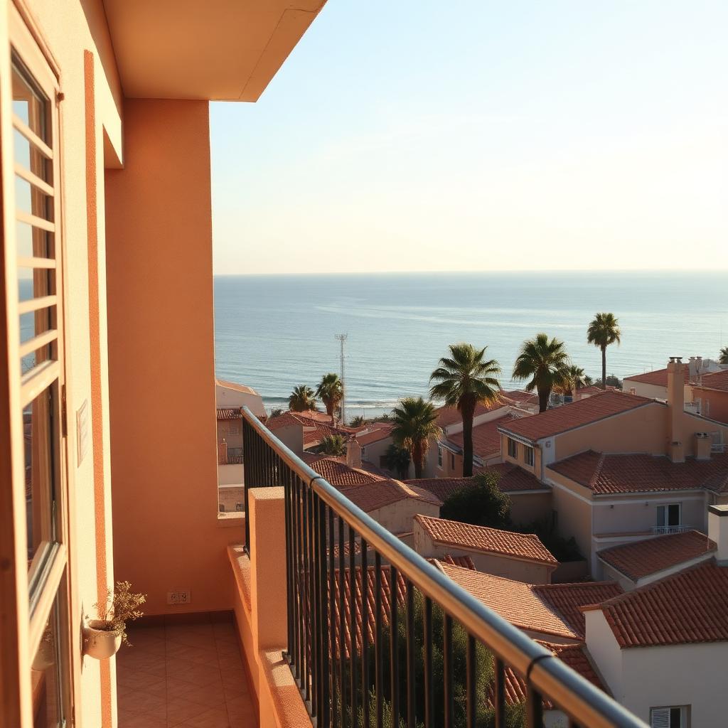 The view from a Spanish apartment balcony over terracotta rooftops towards the Mediterranean.