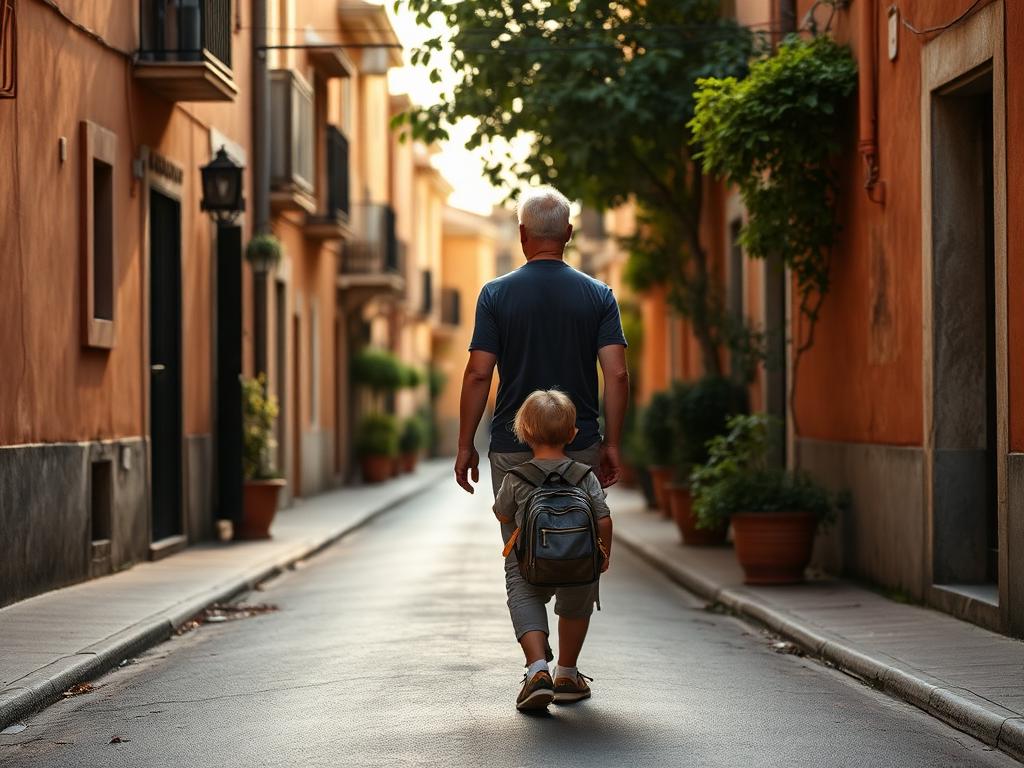A parent and child walking down a quiet Spanish street in soft morning light.