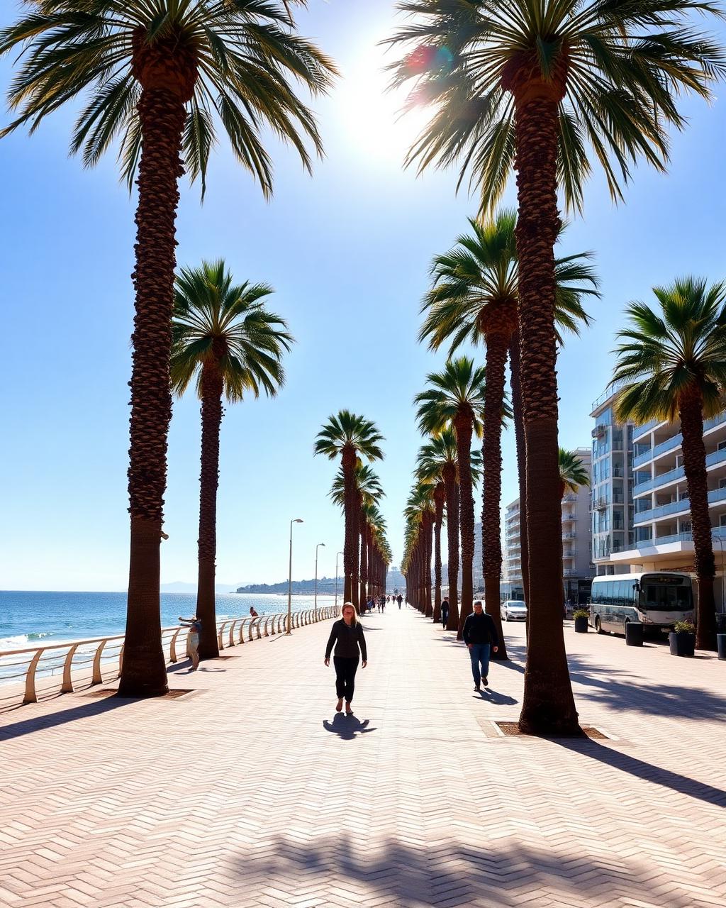 The palm-lined Alicante seafront promenade on a bright winter morning.