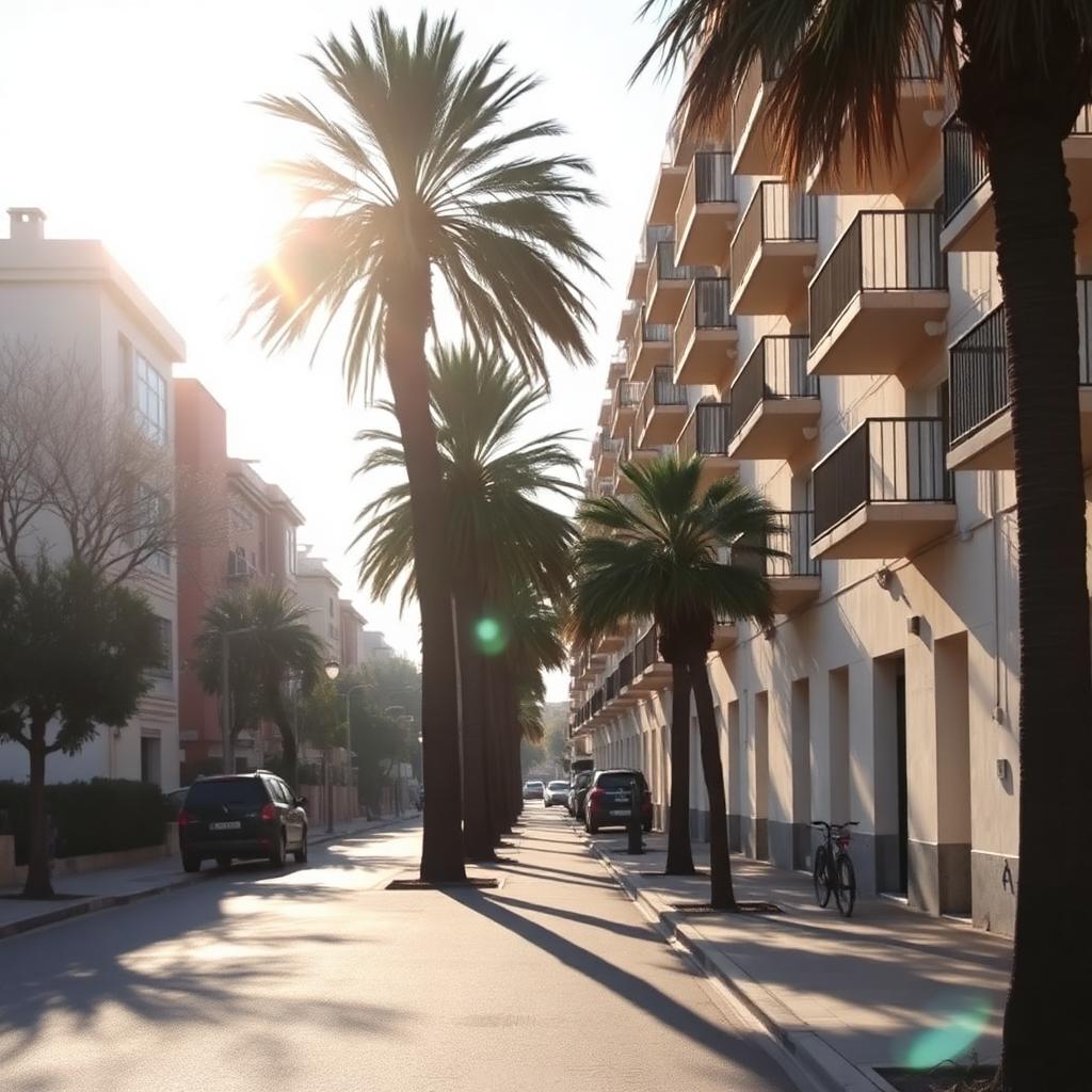 A quiet Alicante suburban street lined with palm trees and low apartment buildings in bright winter morning light.