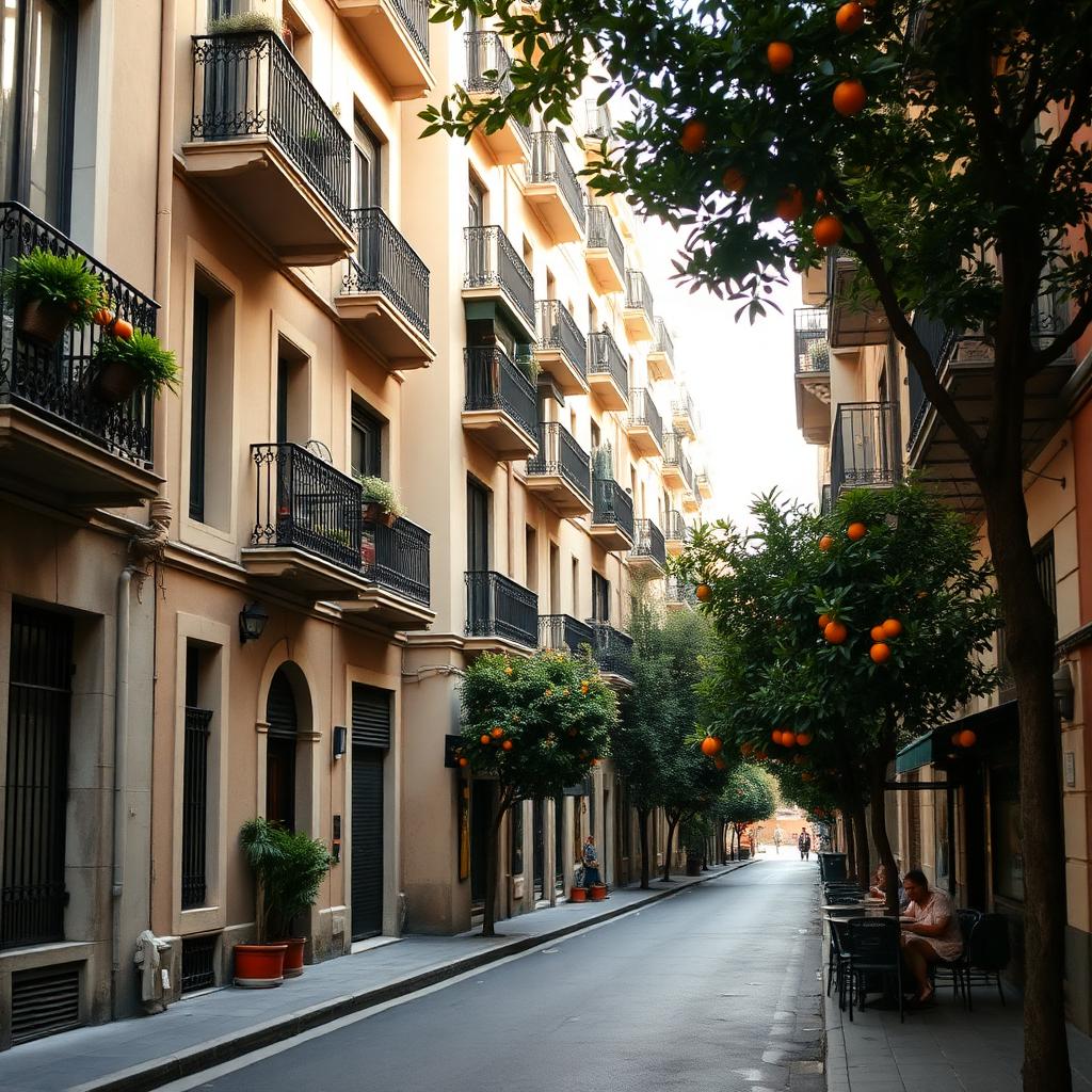 A residential Barcelona neighbourhood street with modernista facades, wrought-iron balconies and orange trees in warm afternoon light.
