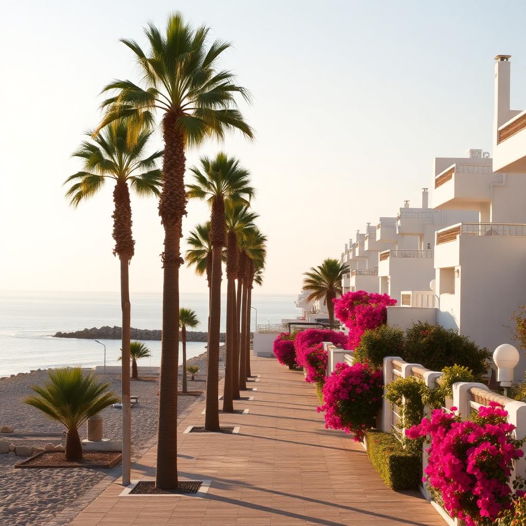 A palm-lined residential promenade on the Costa del Sol near Marbella, whitewashed low-rise buildings and bougainvillea with the sea in the distance.