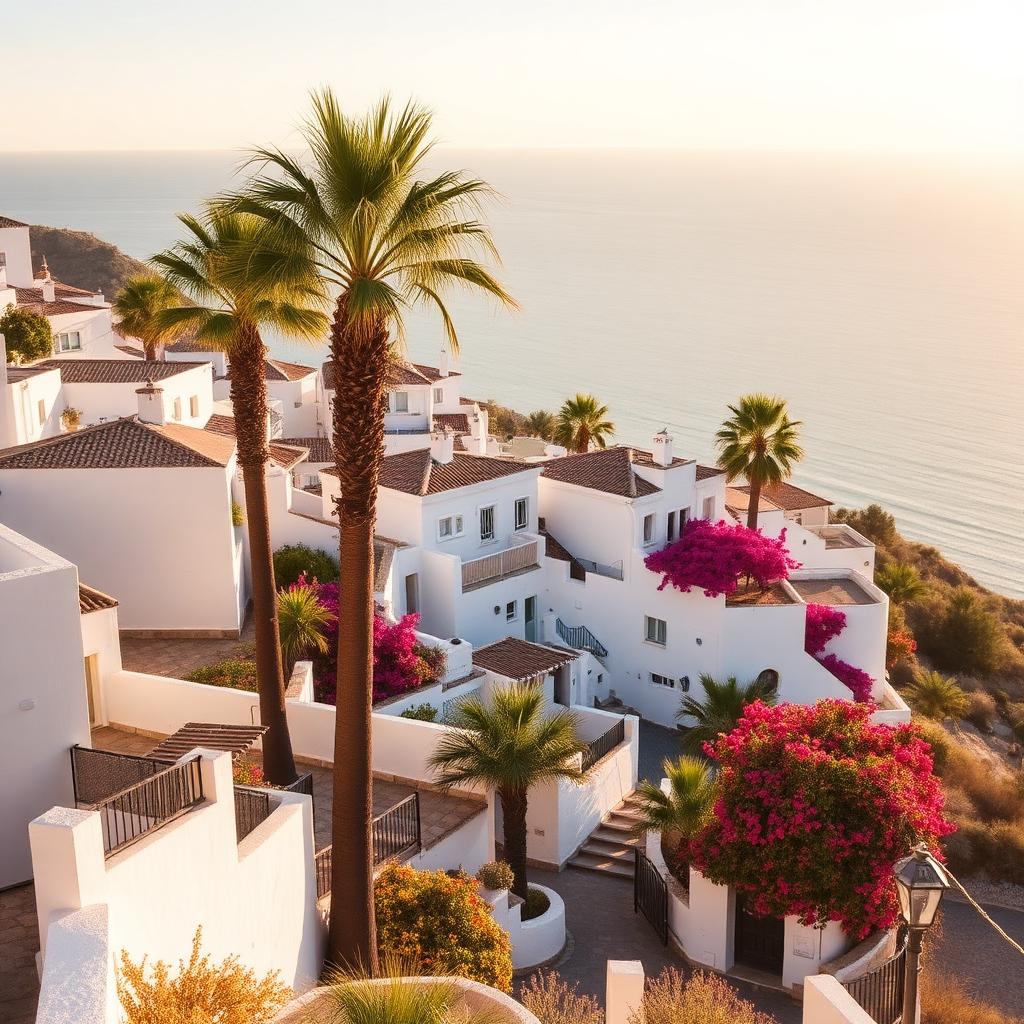 A Costa del Sol town of whitewashed houses on a hillside above the Mediterranean sea with palms and bougainvillea in soft golden light.