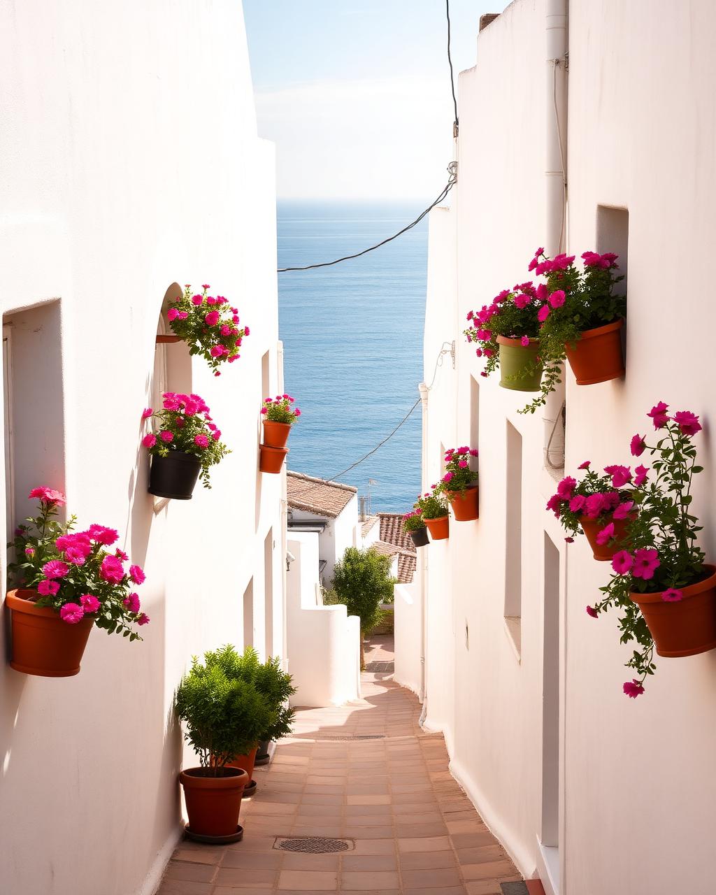 A whitewashed Andalusian coastal street leading down towards the Mediterranean sea.