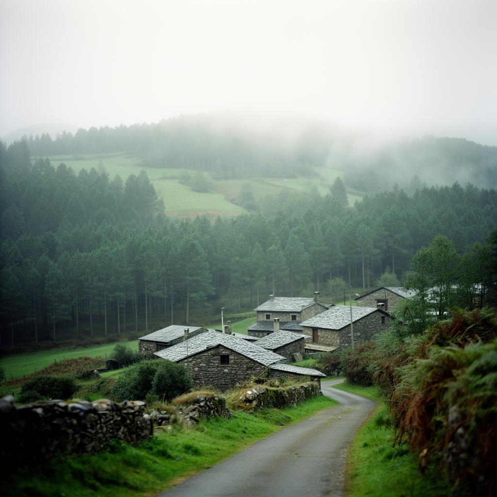 A green Galicia landscape with a small stone village, misty pine-covered hills and a calm Atlantic feel.