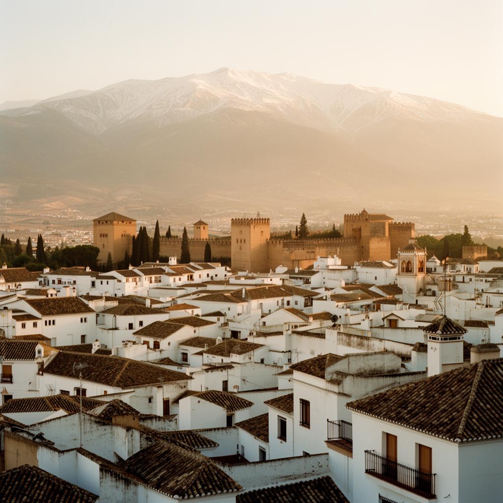 View over Granada's whitewashed old town rooftops with the snow-capped Sierra Nevada rising in the background at golden hour.
