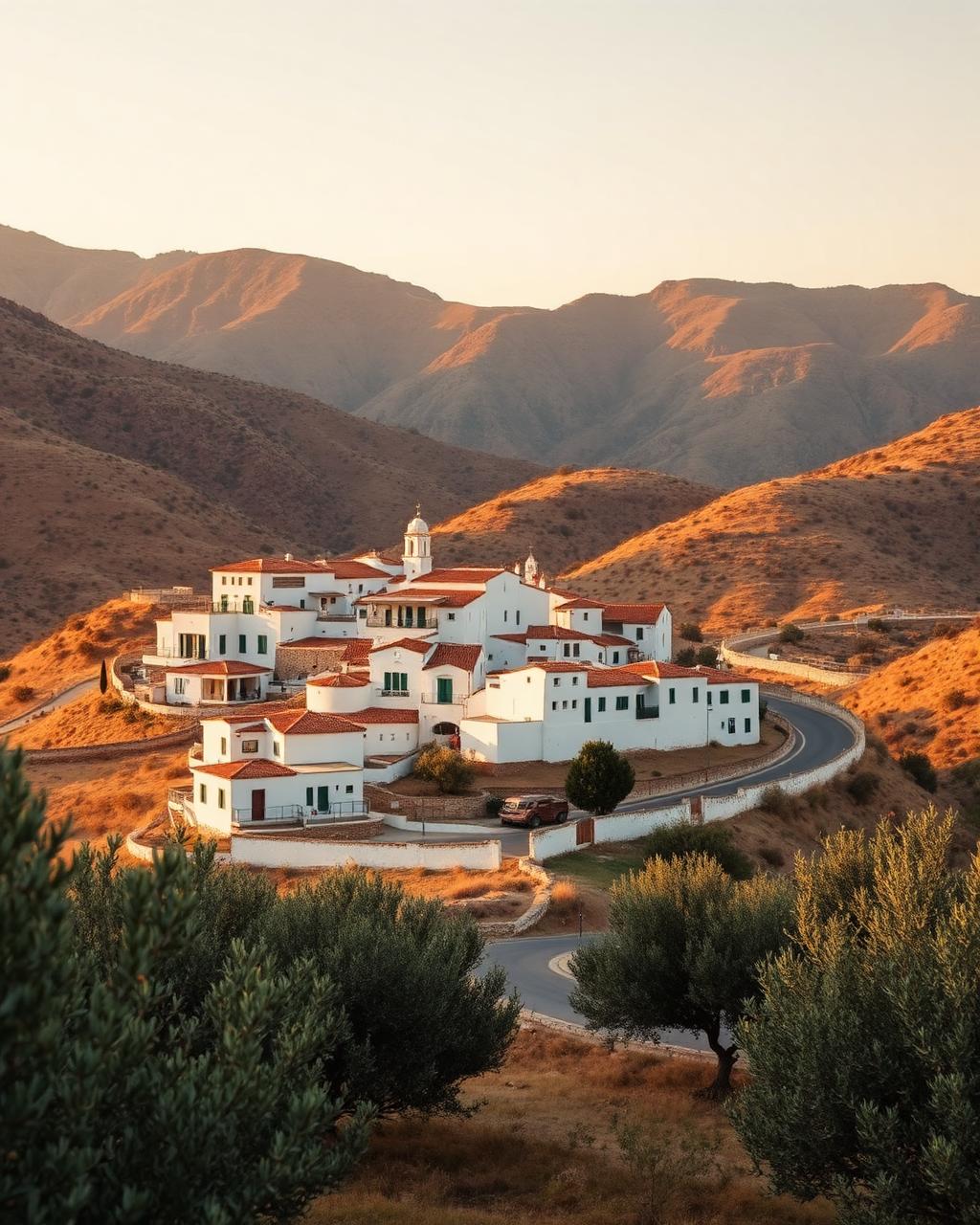 An inland Andalusian white village set against the dry hills of inland Málaga at golden hour.
