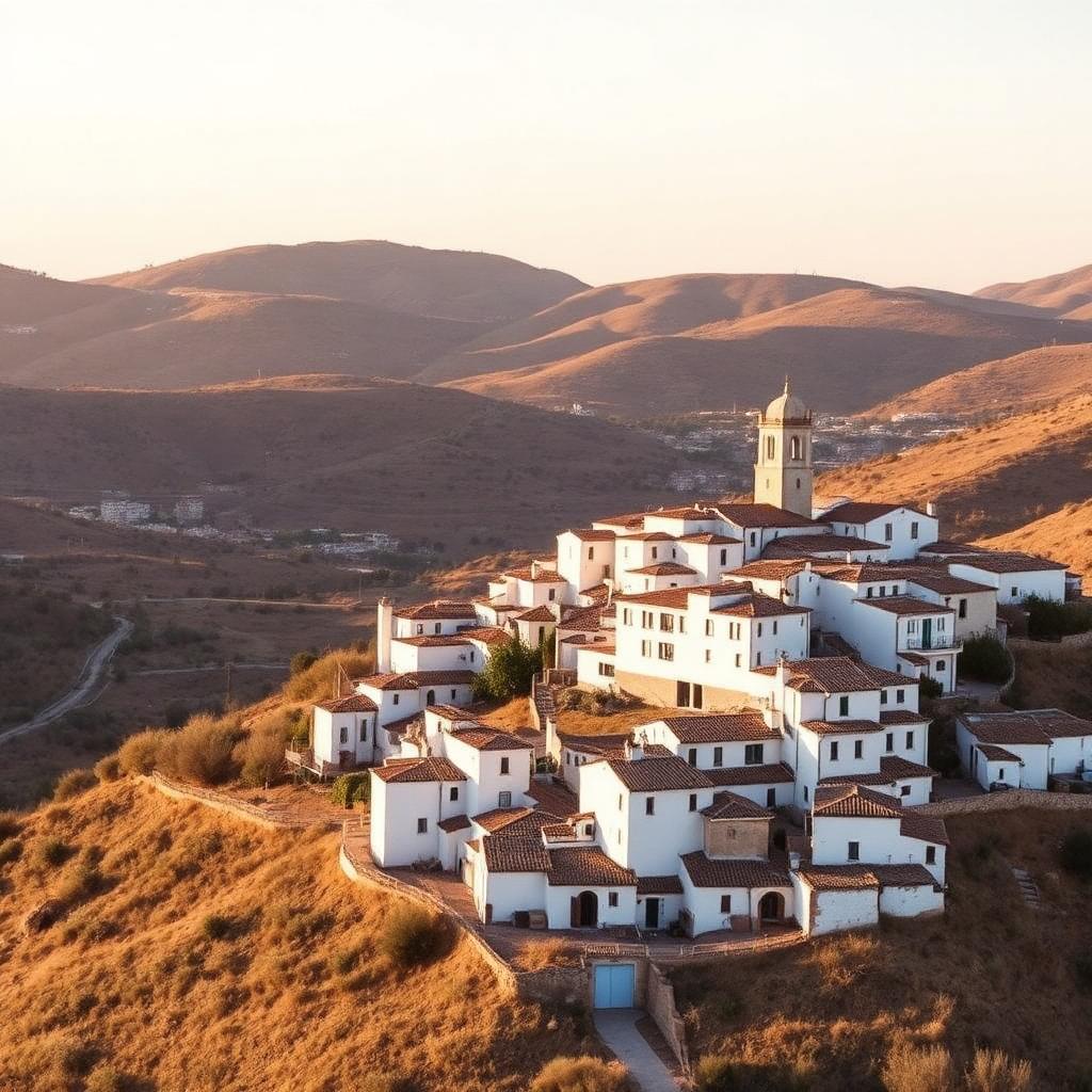 A white inland Málaga village on a hillside with a small church tower, backed by dry rolling hills at golden hour.