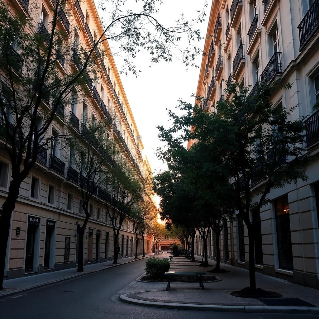 A quiet residential Madrid street lined with classic apartment buildings and trees at soft golden hour, with a bench in a small square.