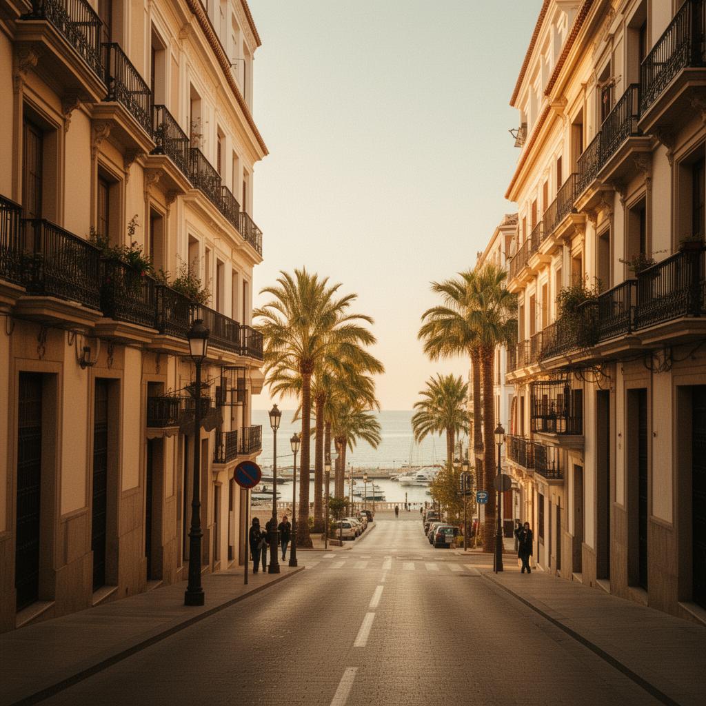 A Málaga street scene with warm coastal city atmosphere, palms framing a glimpse of the harbour at the end of the road.