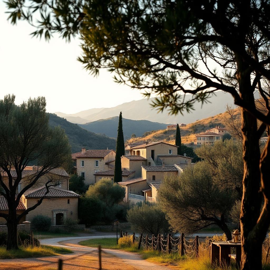 A Mallorca interior village of honey-stone houses set among olive trees with the Tramuntana hills rising in warm afternoon light.