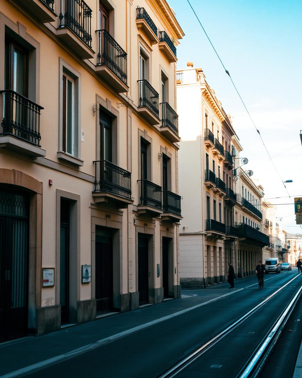 A Valencia street with pastel facades and wrought-iron balconies in Mediterranean morning light.