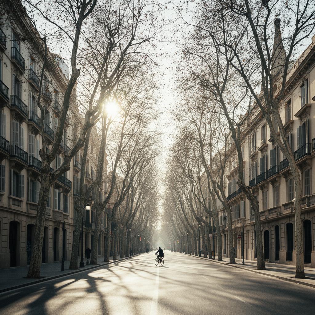 A wide tree-lined Valencia avenue in winter light, with low sun and bare-branched plane trees casting long shadows.