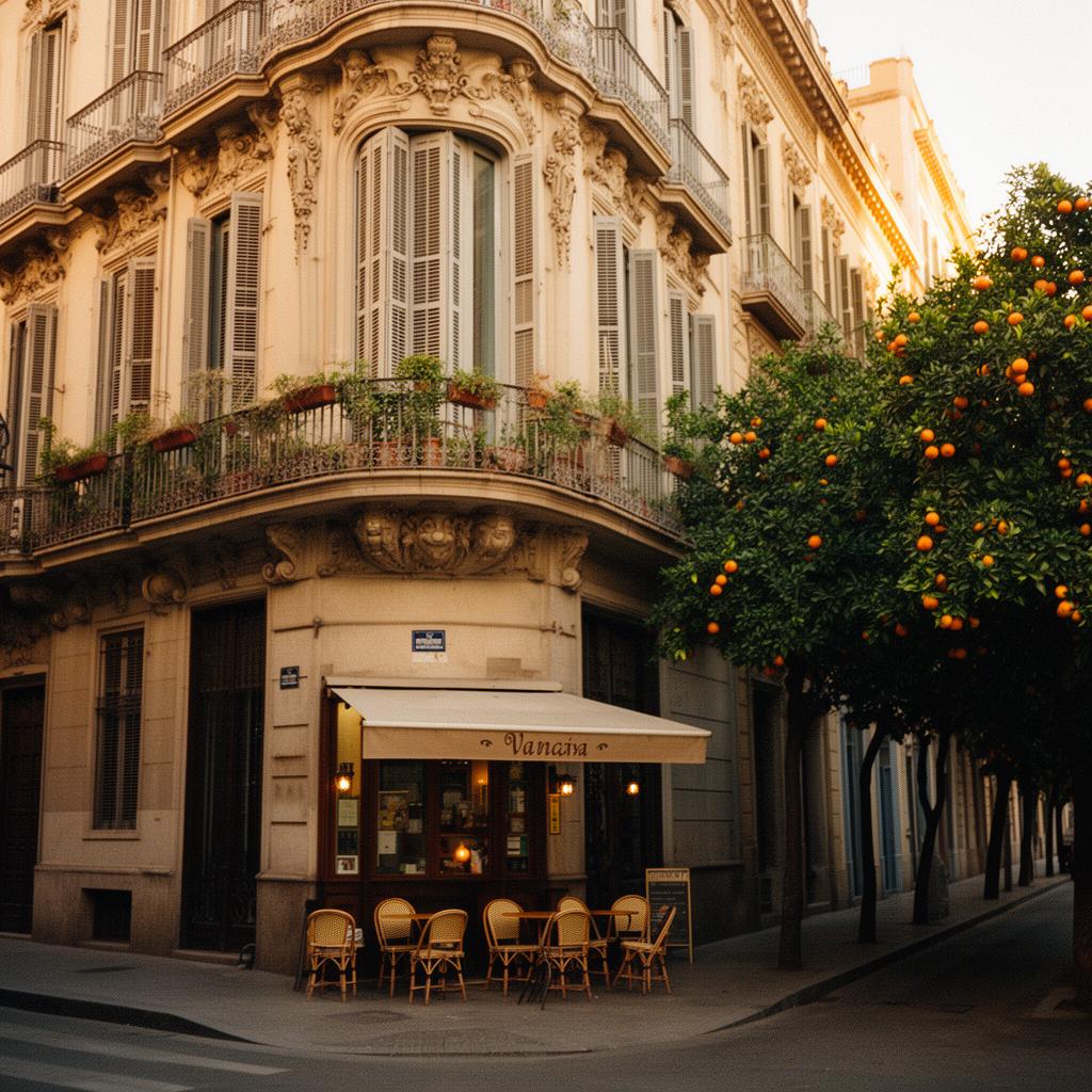 An elegant Valencia corner with ornate modernista facades, shuttered balconies and a small café under orange trees in warm afternoon light.