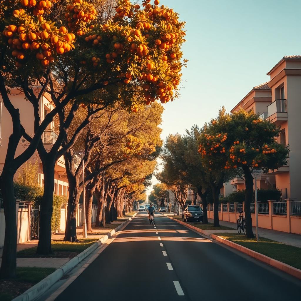 A Valencia suburban street lined with orange trees and low residential buildings, with a bicycle lane in warm winter light.