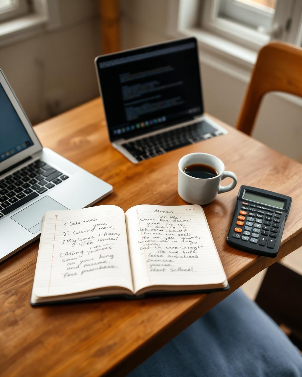 A laptop, open notebook with handwritten notes, coffee and a calculator on a wooden kitchen table.