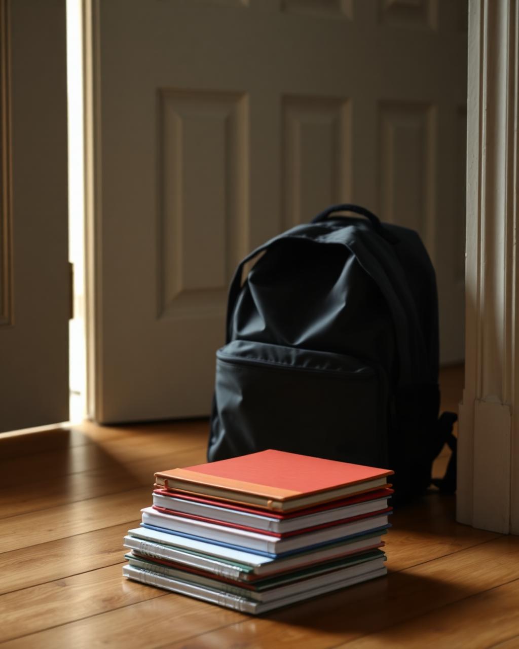 A child's school backpack and a stack of notebooks ready by a doorway in soft morning light.