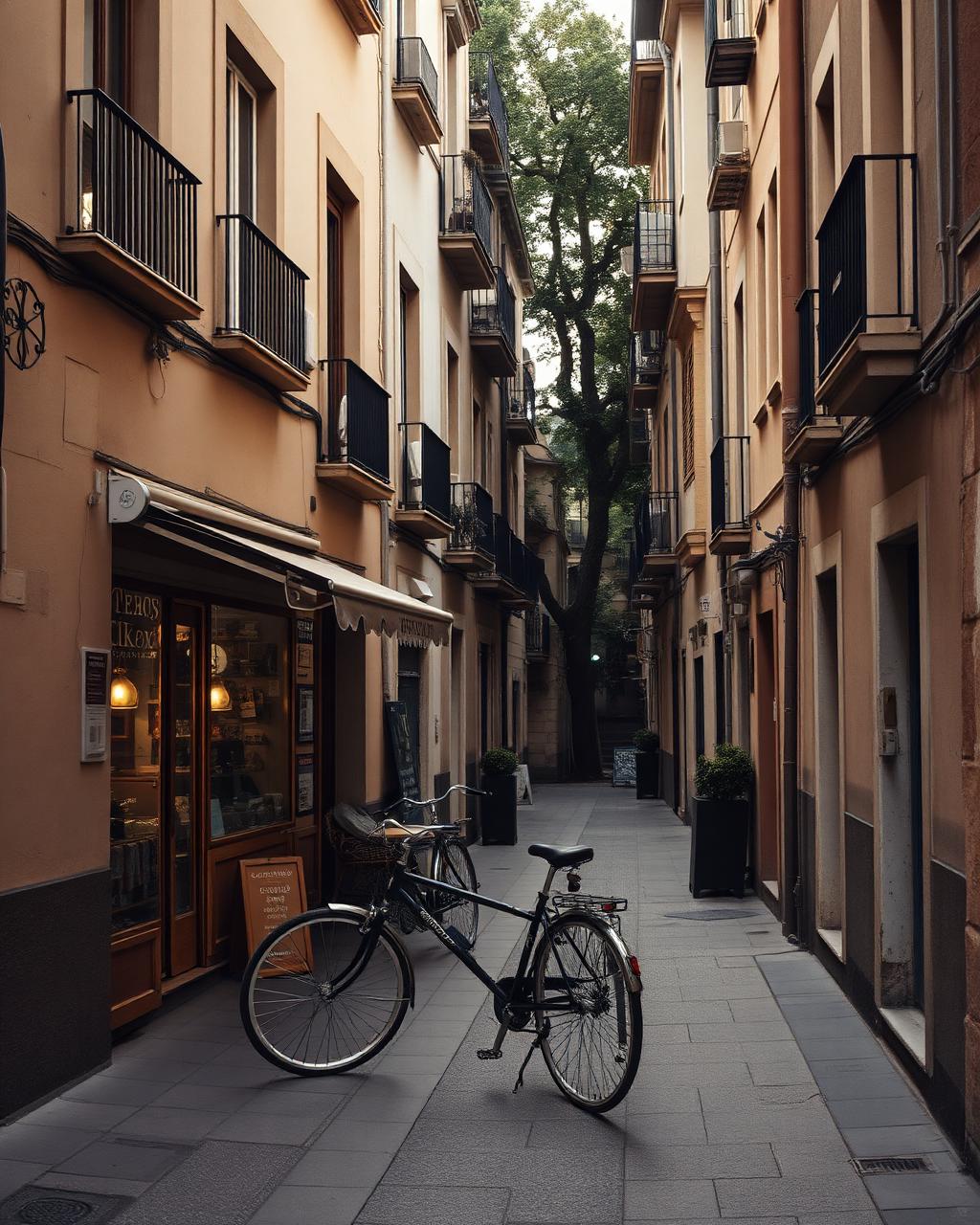 A quiet ordinary Spanish residential street with a small local café and a parked bicycle.
